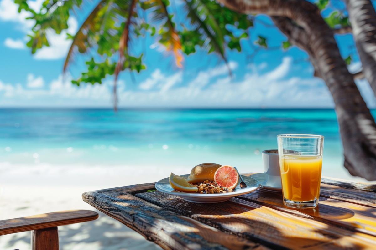 Perfect breakfast on a paradise beach, stylish photo