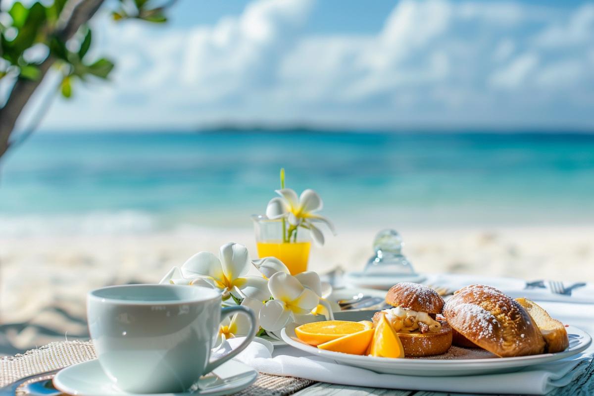 Perfect breakfast on a paradise beach, stylish photo