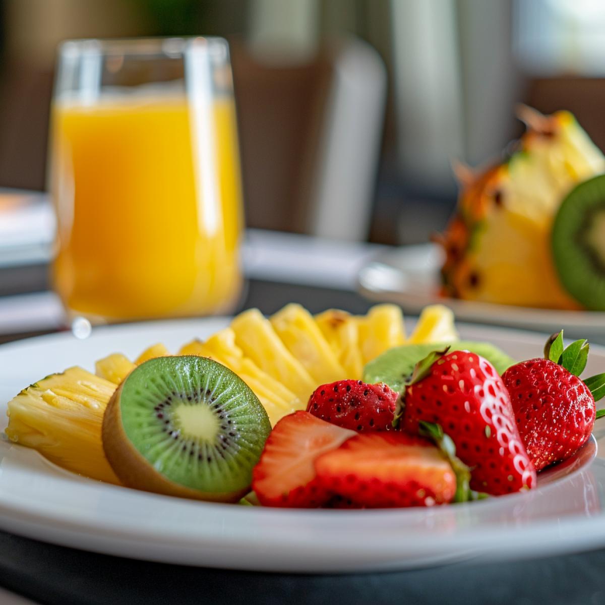 The perfect breakfast starts with a splash of color: a fresh piece of pineapple, kiwi and strawberries arranged in neat rows on the plate. Nearby stands a glass of cool, freshly squeezed orange juice, which complements the atmosphere of morning wakefulness.