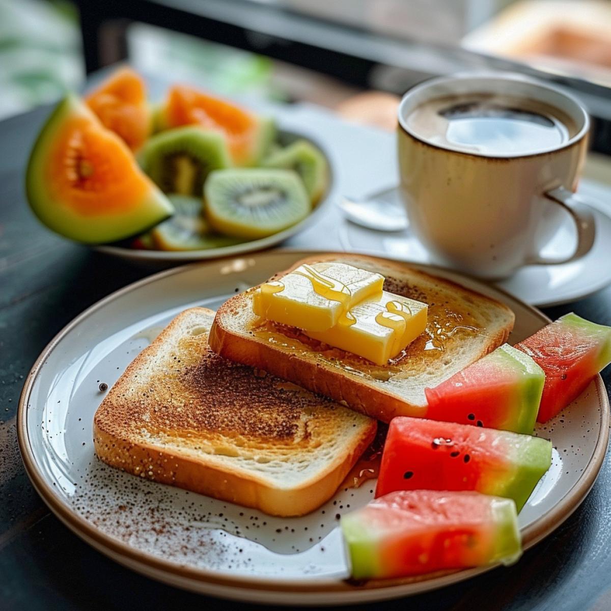 Toasts with butter and honey sit comfortably on the table; they radiate warmth and comfort. Nearby there is a plate of fruit: juicy slices of watermelon, a sweet piece of melon and ripe kiwi. The aromatic coffee steams in the cup, filling the room with a pleasant aroma.