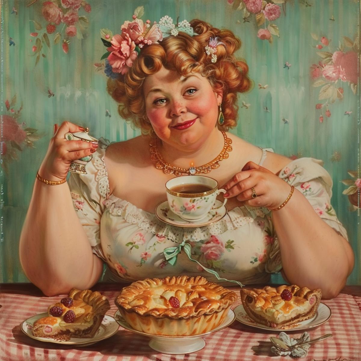 A plump beauty drinks tea with pies
