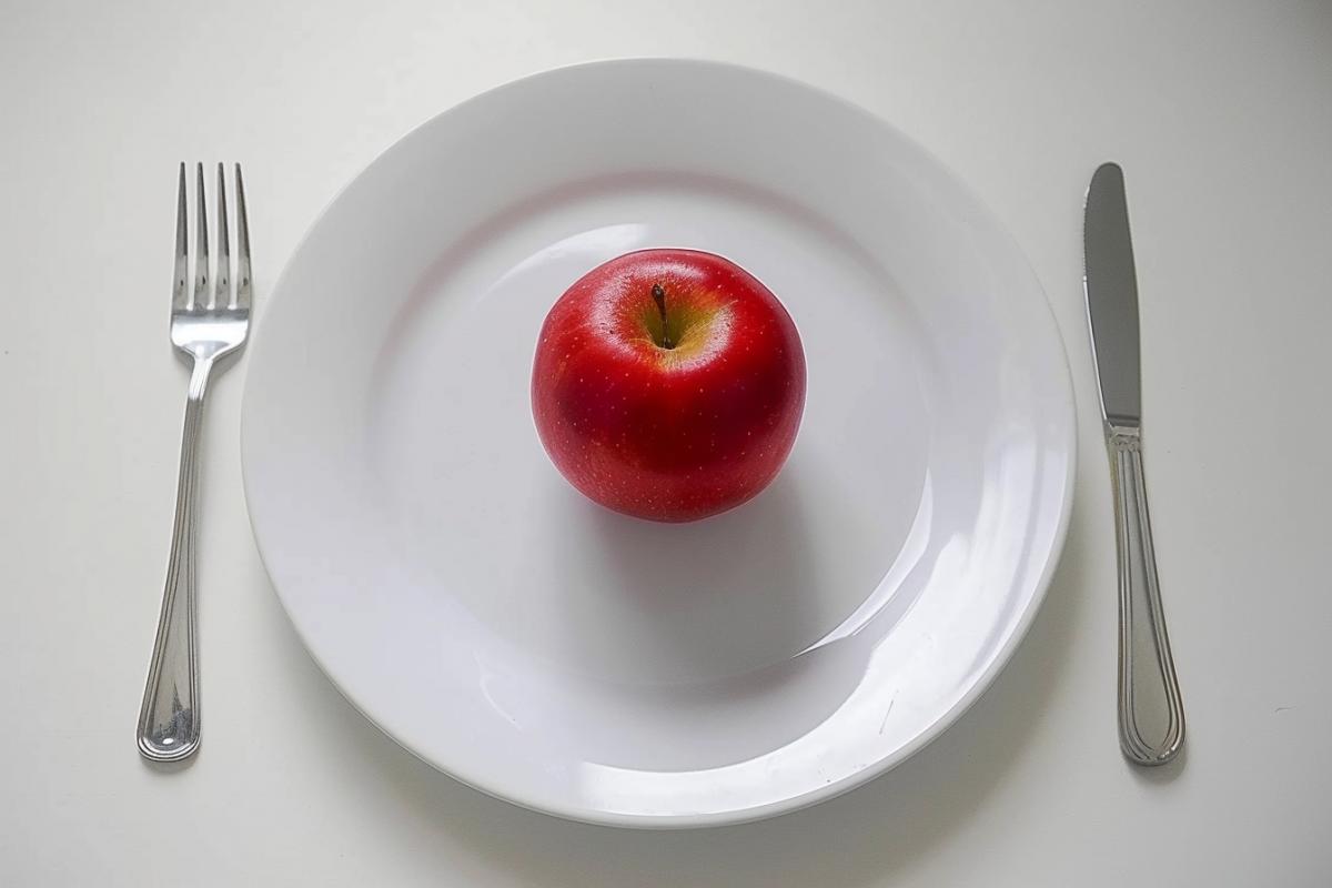 Apple on large porcelain plate, fork, knife. Minimalism.