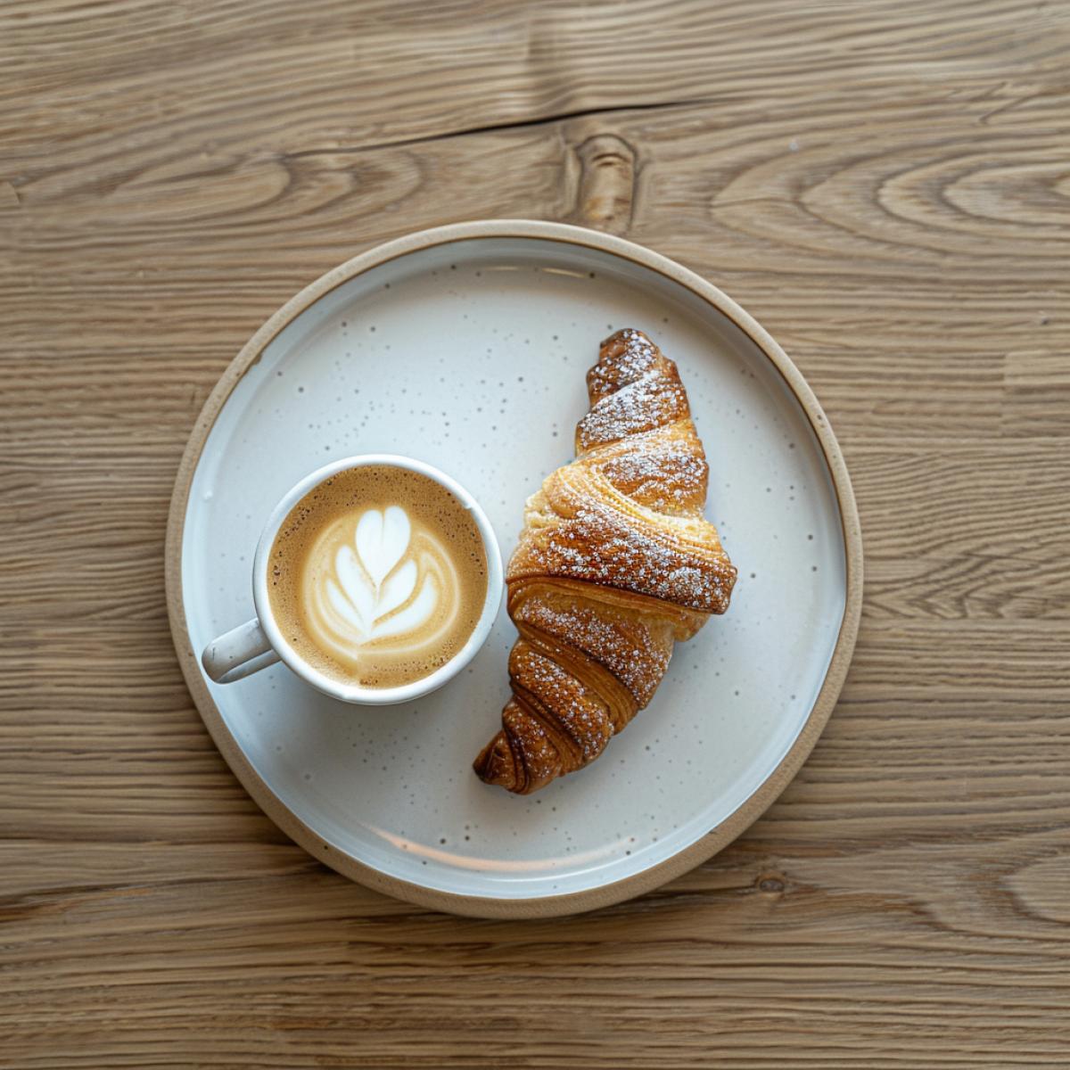 Breakfast in a minimalist style: on a white plate lies a lonely croissant, freshly baked and delicious. Nearby stands a cup of cappuccino, the foam of which perfectly covers the surface of the drink. All this against the backdrop of a simple wooden table, creating an atmosphere of calm and tranquility.