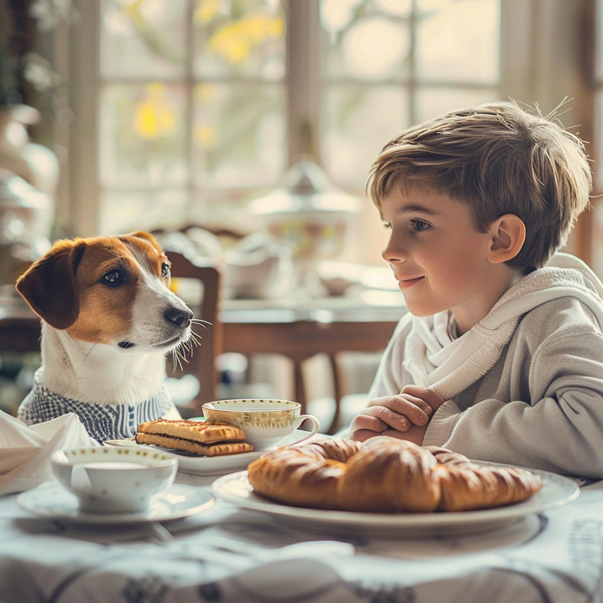 A boy and his dog are having breakfast at the table