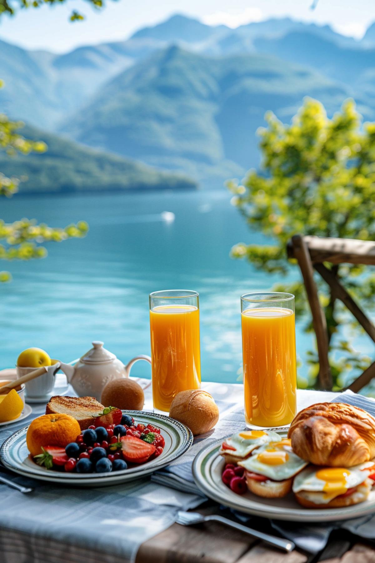 Breakfast outdoors, overlooking the mountains and lake. On the table are ceramic plates with toast and eggs Benedict, a plate of fruit. plate with bread, buns and croissants. Two glass tall glasses with orange juice