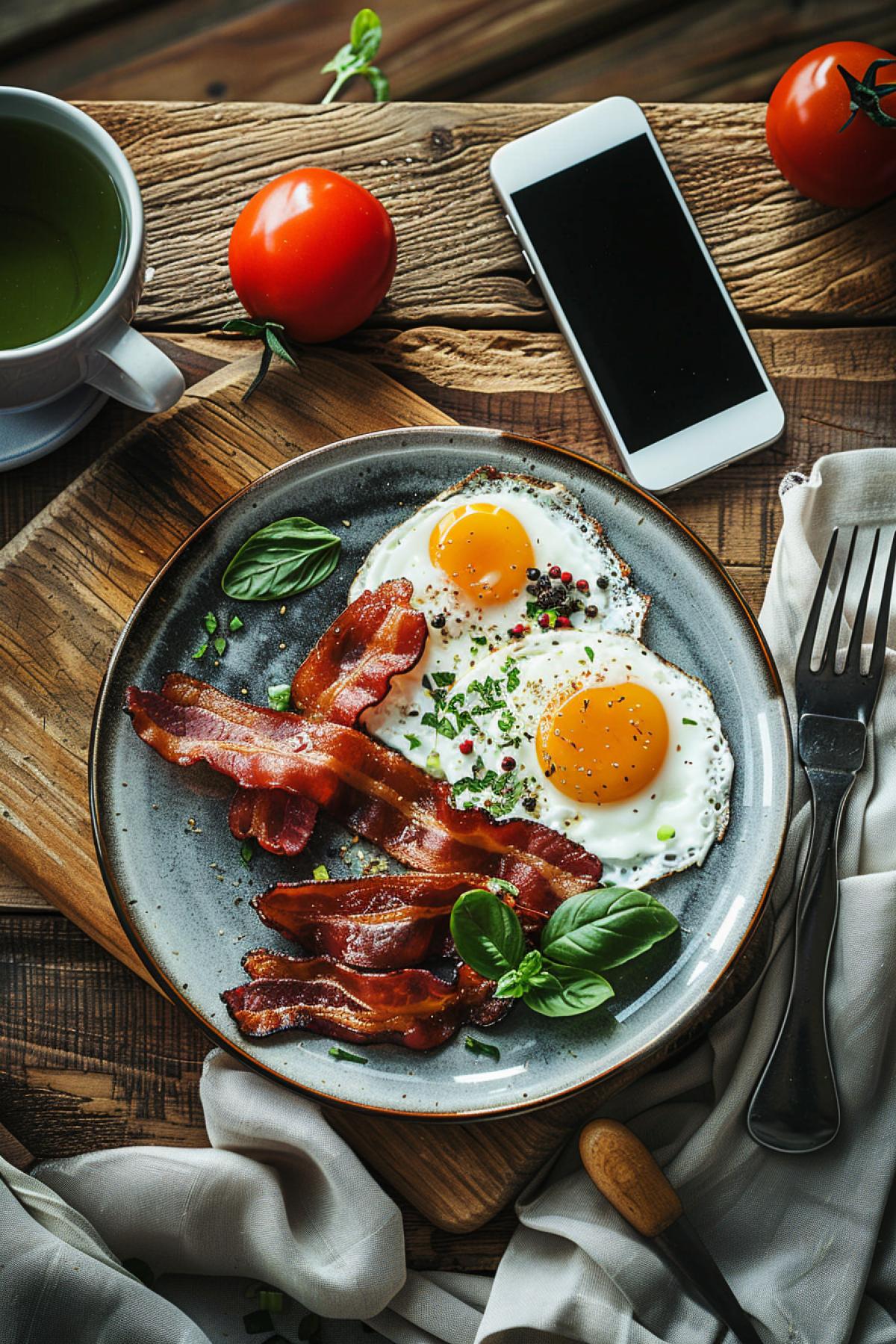 Breakfast, scrambled eggs and bacon, green tea, smartphone, morning, ideal, focus on the center, rich and delicious colors,