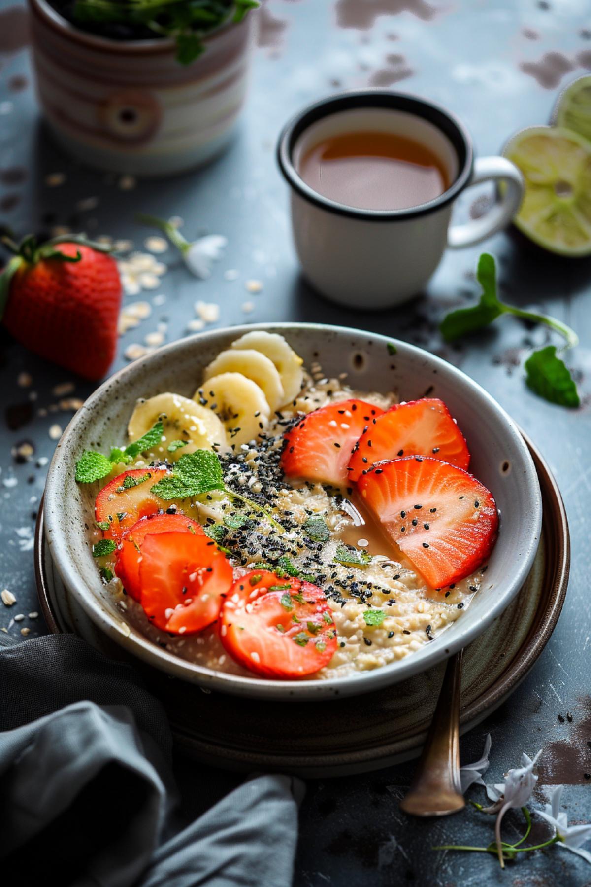 Oatmeal with fruits, hamburger with red fish, breakfast, delicious colors, morning, green tea, inspiration, gothic style