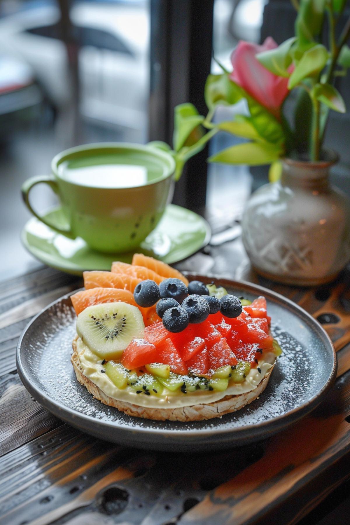 Oatmeal with fruit, red fish sandwich, breakfast, delicious colors, morning, green tea, inspiration,