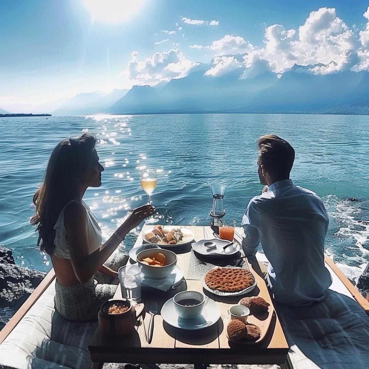 Lovers breakfast on the shores of Lake Geneva