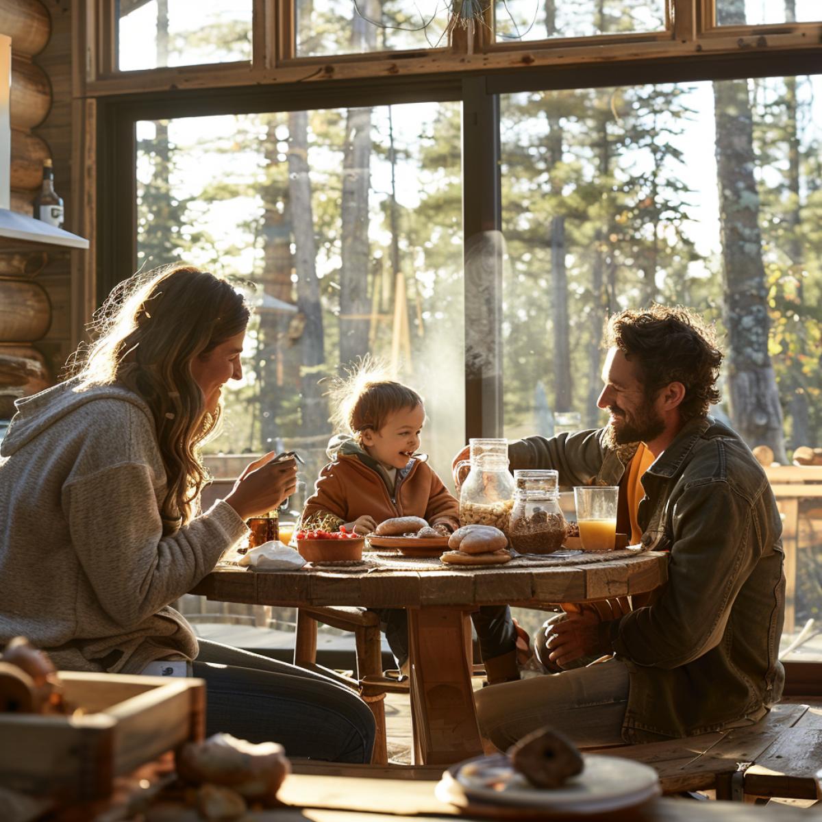 A large family having breakfast at a large round table on the terrace of a summer house in the garden
