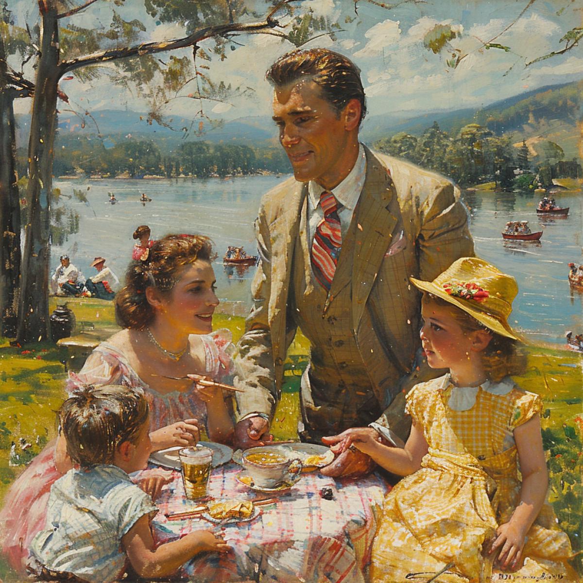 A large family having breakfast at a large round table on the terrace of a summer house in the garden