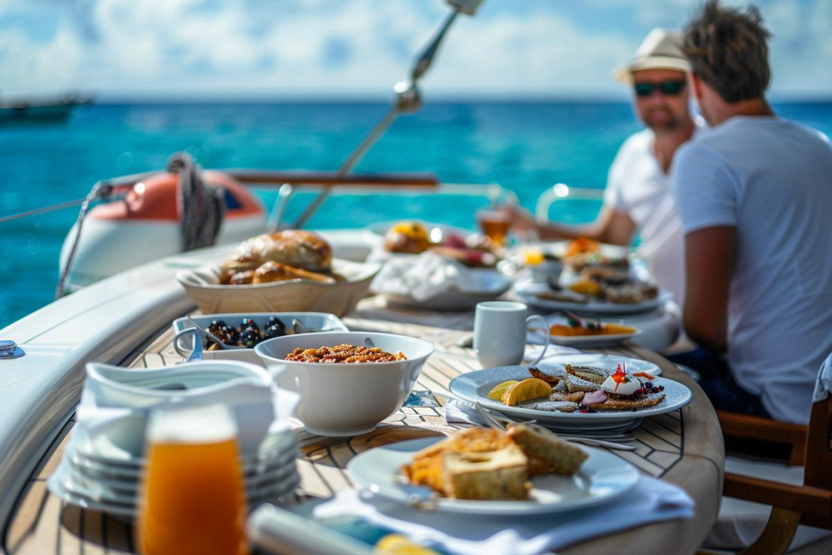 Sailors breakfast on the deck of a yacht