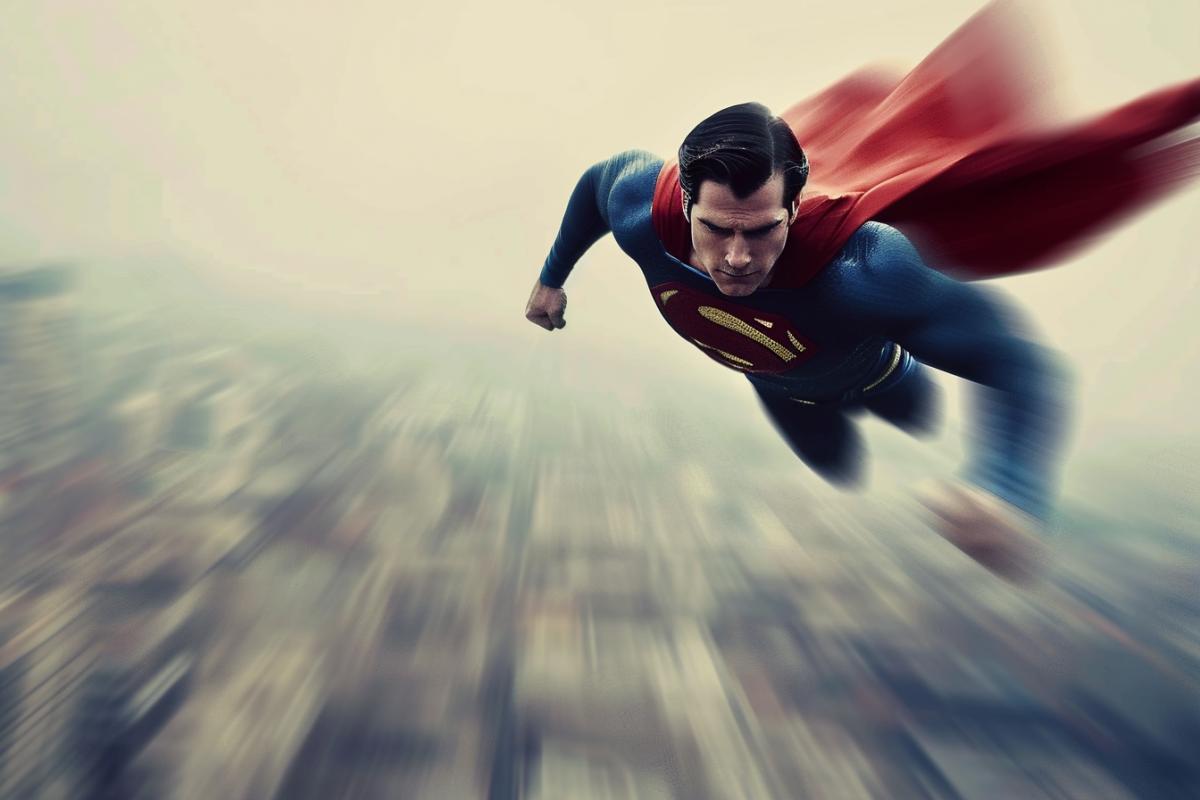 Superman flying in sky, slow shutter speed