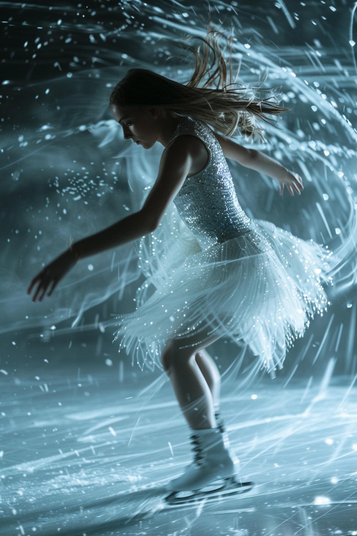 A young figure skater in a white dress with sequins in a dynamic jump. A shot with blur effects and speed lines that convey a fast shutter speed. Dynamic sports photography, detailed