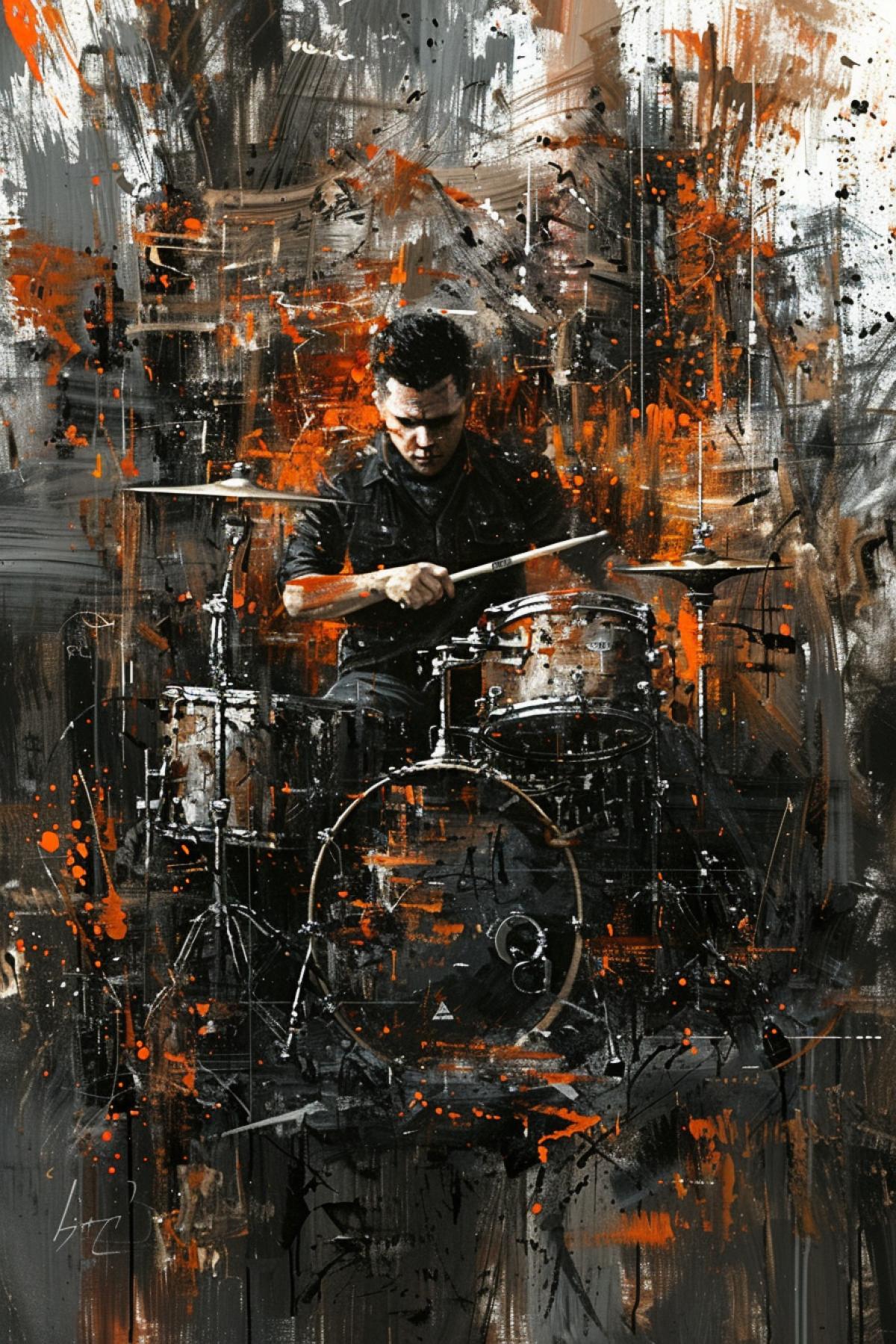Drummer in action, playing a drum kit at a rock concert, photo in motion, dynamics, focus on face, high resolution, high details, high quality, full body shot, digital art, detailed character illustrations, medium closeup, super realistic, hyperdetailed, cinematic lighting, concept art