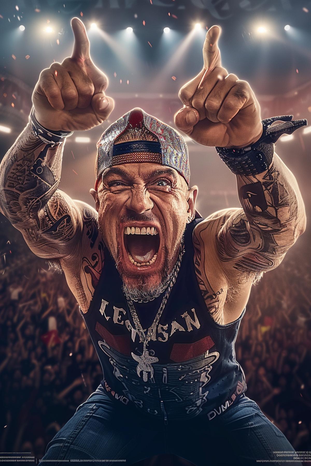Drummer in action, playing a drum kit at a rock concert, photo in motion, dynamics, focus on face, high resolution, high details, high quality, full body shot, digital art, detailed character illustrations, medium closeup, super realistic, hyperdetailed, cinematic lighting, concept art