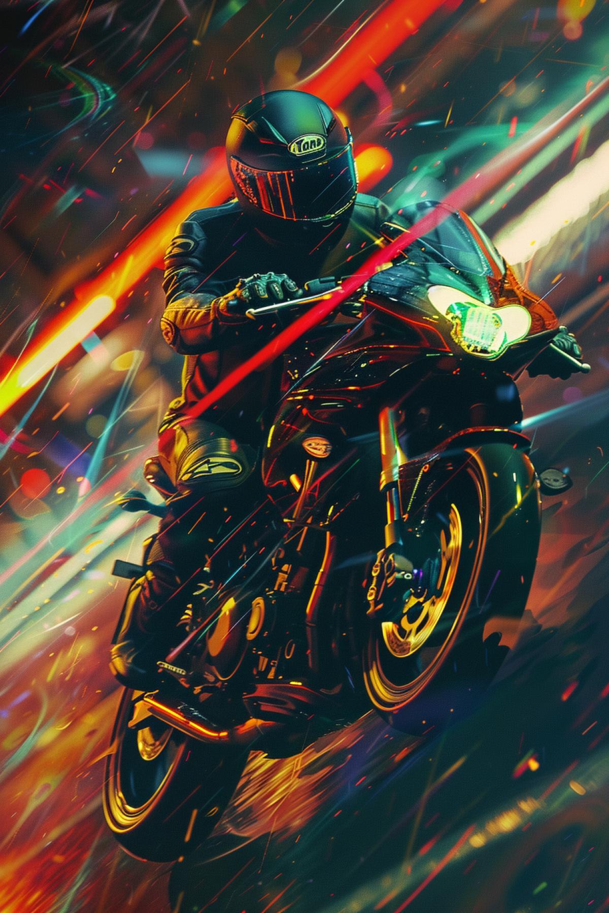 a motorcyclist rushes along the roads, dynamics, madness stunts. Illustrations in the style of cyberpunk graphics,