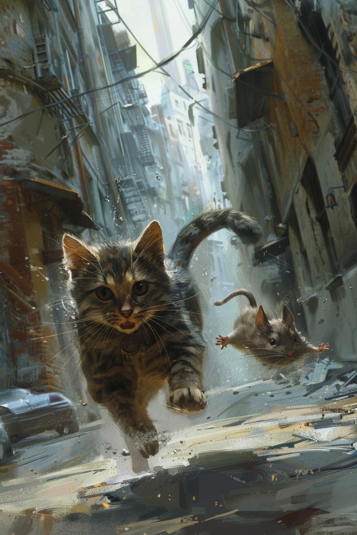 the cat runs after the mouse. dynamics, crazy stunts. Illustrations in the style of a post-apocalyptic world