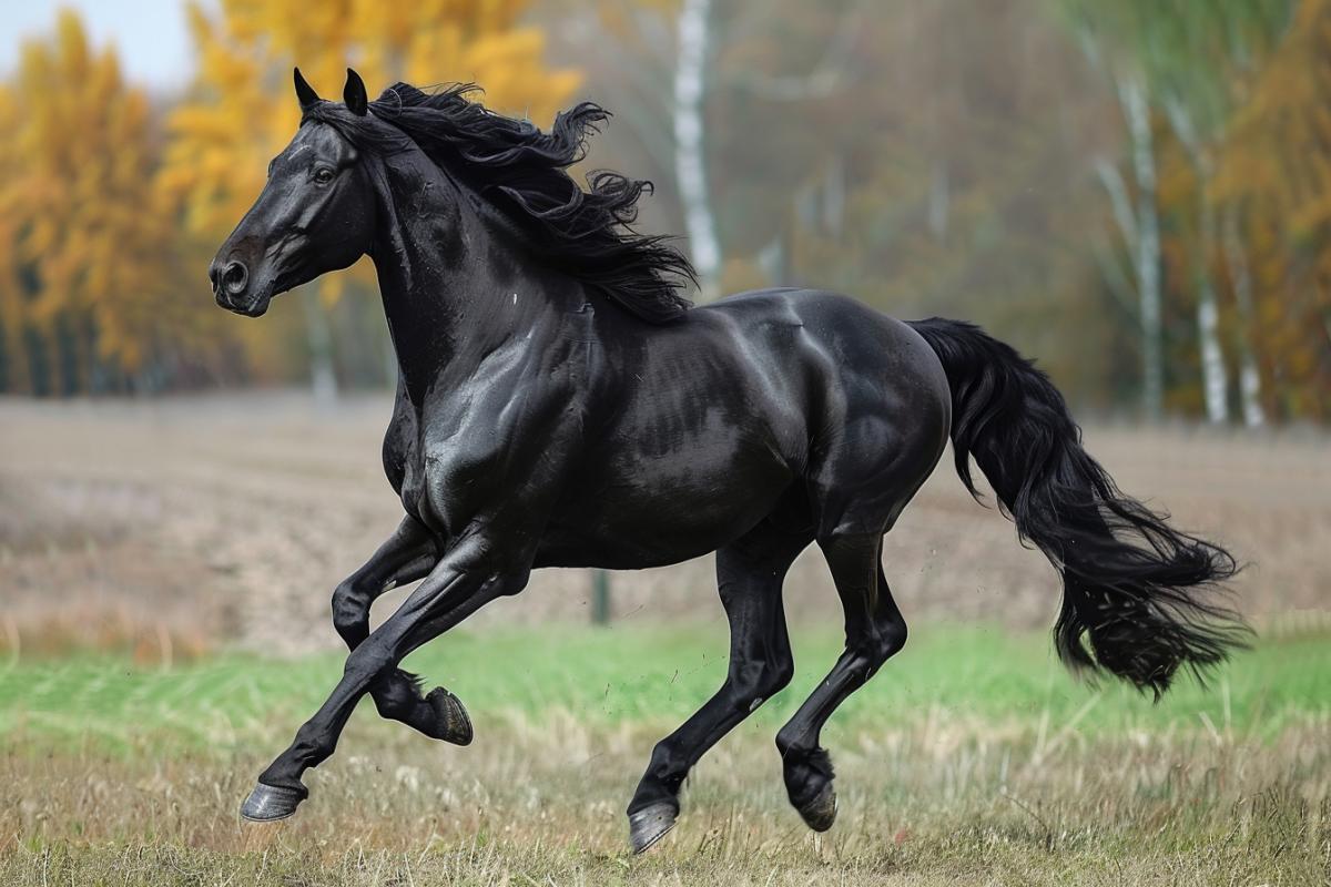 A running dark horse of extraordinary beauty, graceful movement