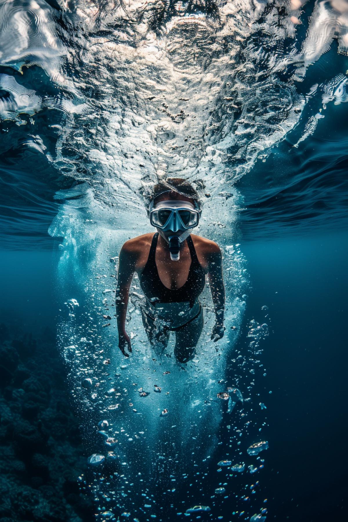 Diving into water from height in action, sportswoman, dynamics, splashing, short exposure, freeze frame, professional photography