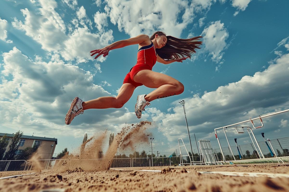 a girl athlete performs a long jump at an athletics competition, a dynamic shot for a sports poster.