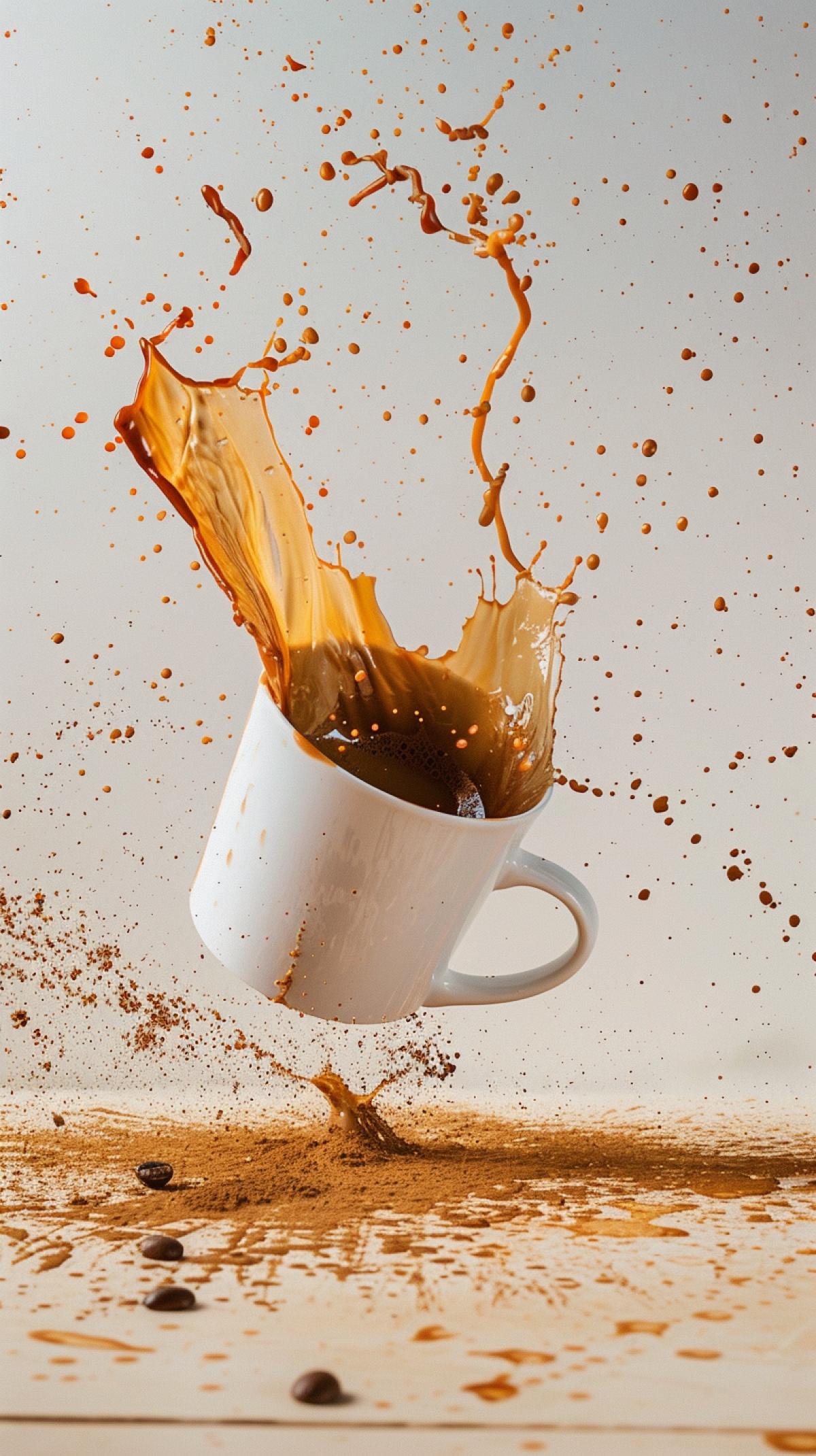 Falling mug with coffee. Theres a smudged trail behind the mug