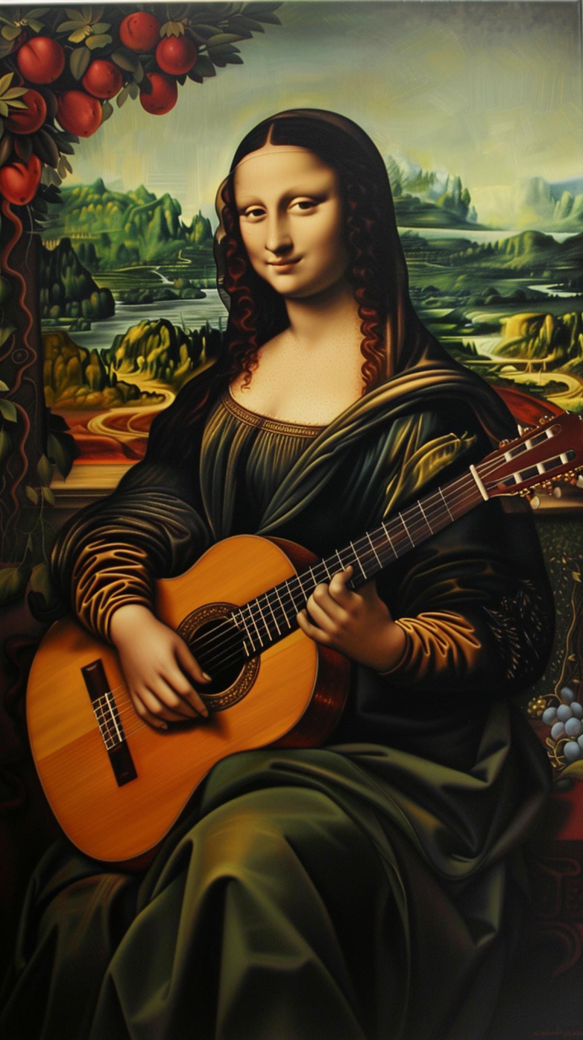 full-length painting of Mona Lisa playing the guitar