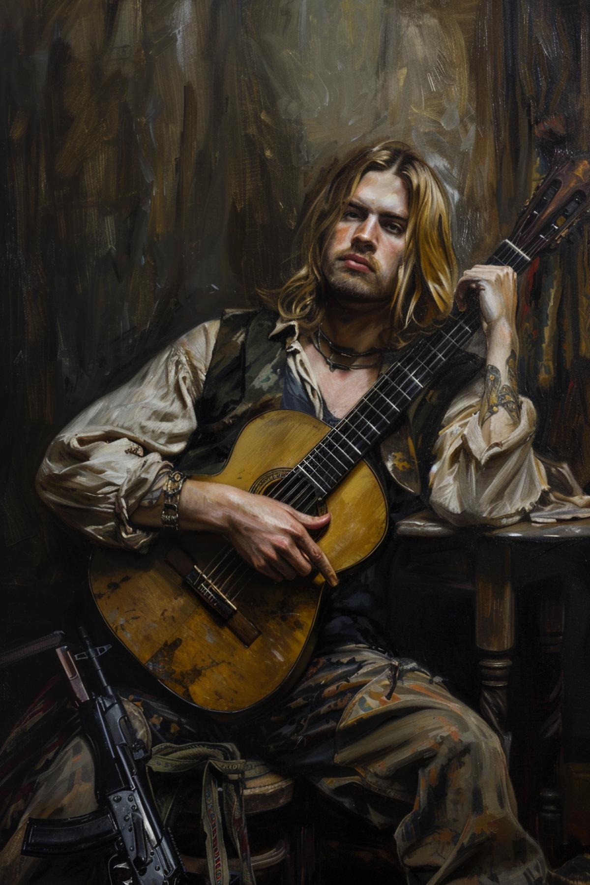 Kurt Cobain guitar portrait in Caravaggios art lute player style tender tones dark background table with rifle on the foreground oil canvas