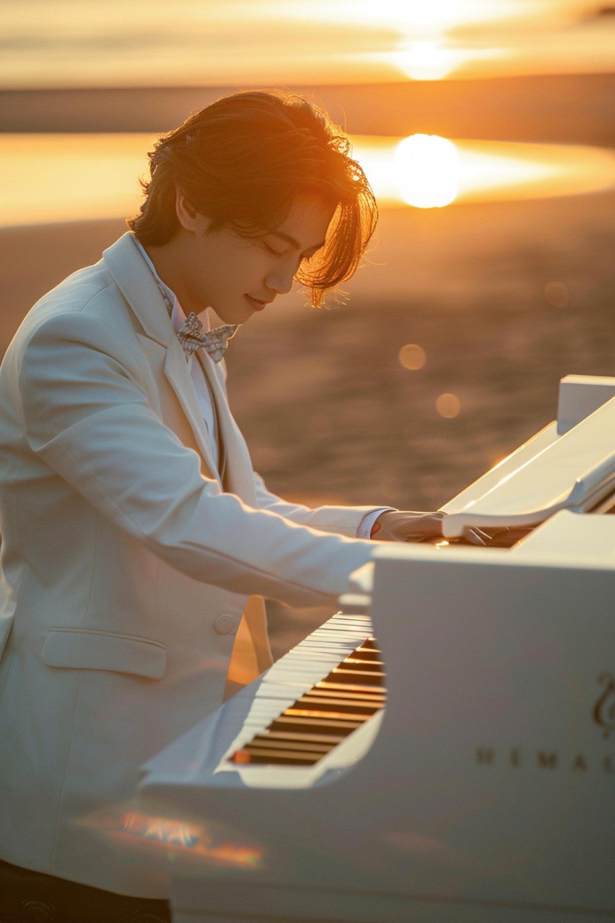 Handsome brunette cheerful in a white formal tailcoat with a bow tie, playing on a white glossy piano, seashore, orange light rays on the background, photo from a Canon R5 camera with a separate RF lens for ultra-realistic details and sharpness, wide shot