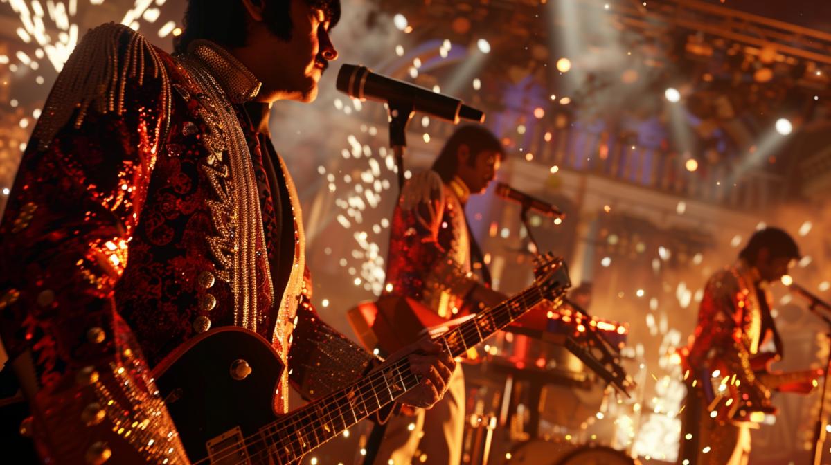 Close-up of the Beatles and Freddie Mercury performing on stage with Rammstein-style decorations, fire, sparks, and a symphony ordetailedra in the background of the stage.