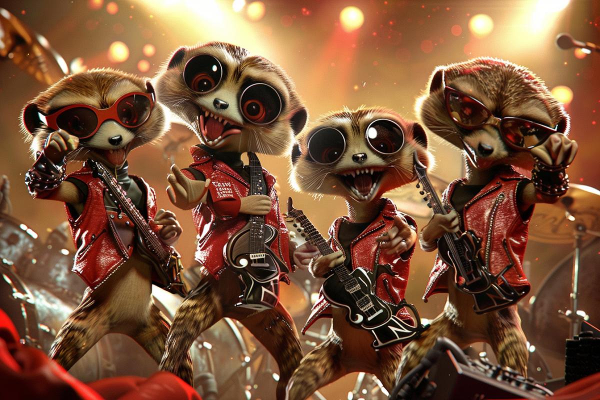 Rock band made up of cool meerkats in leather jackets, nightclub gig.