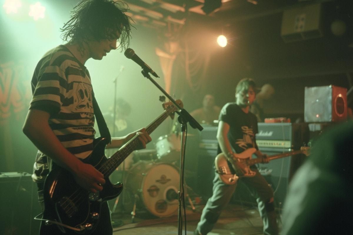 Punk band plays at a concert, vhs filming