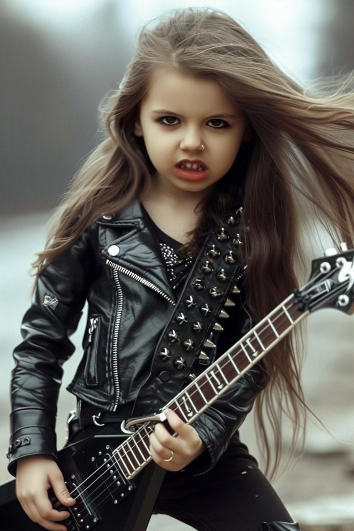 Little girl singing heavy metal, cosplay.