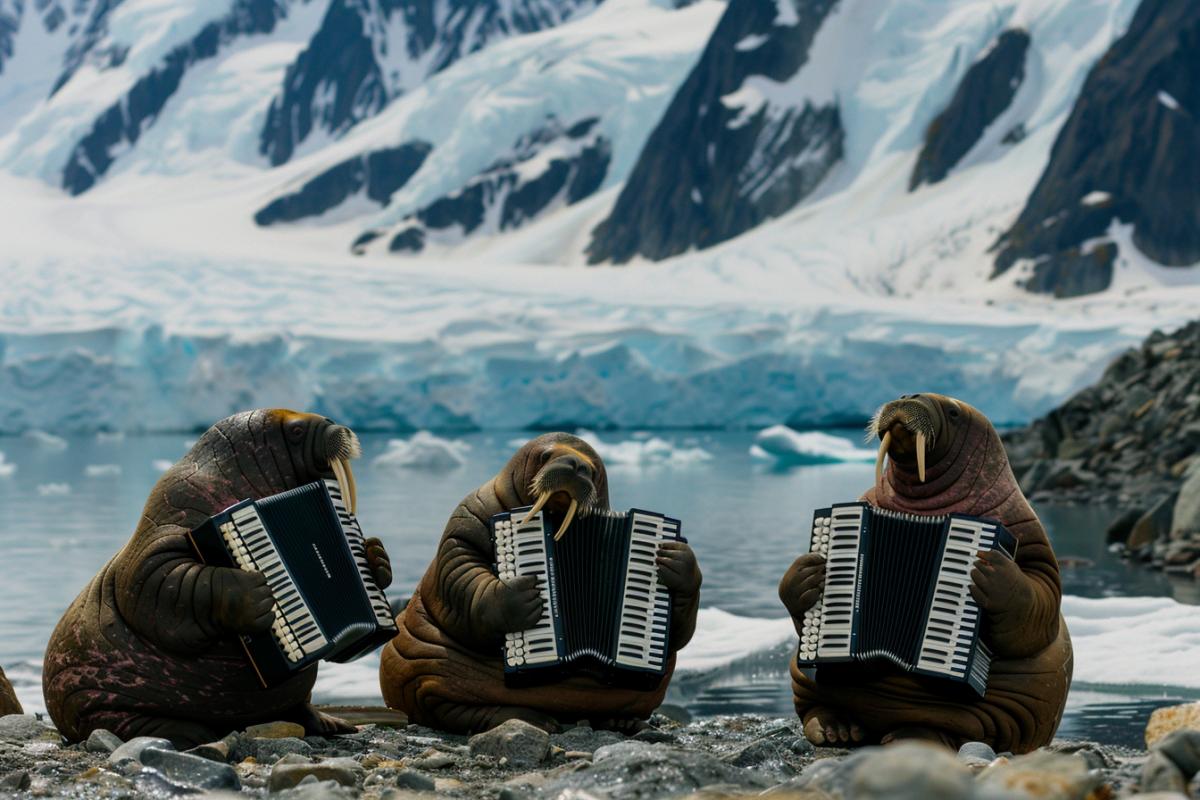 A group of shaggy walruses plays accordions on the ocean shore