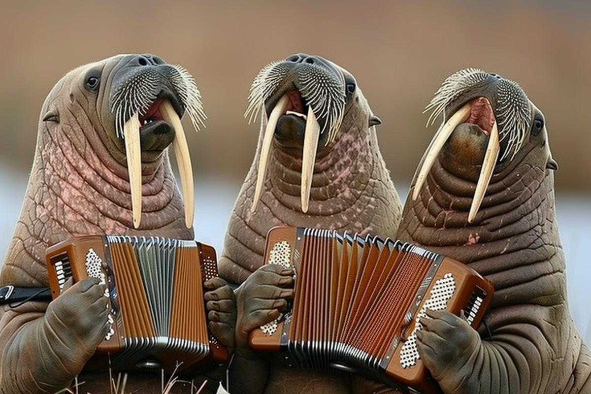 A group of shaggy walruses plays accordions on the ocean shore