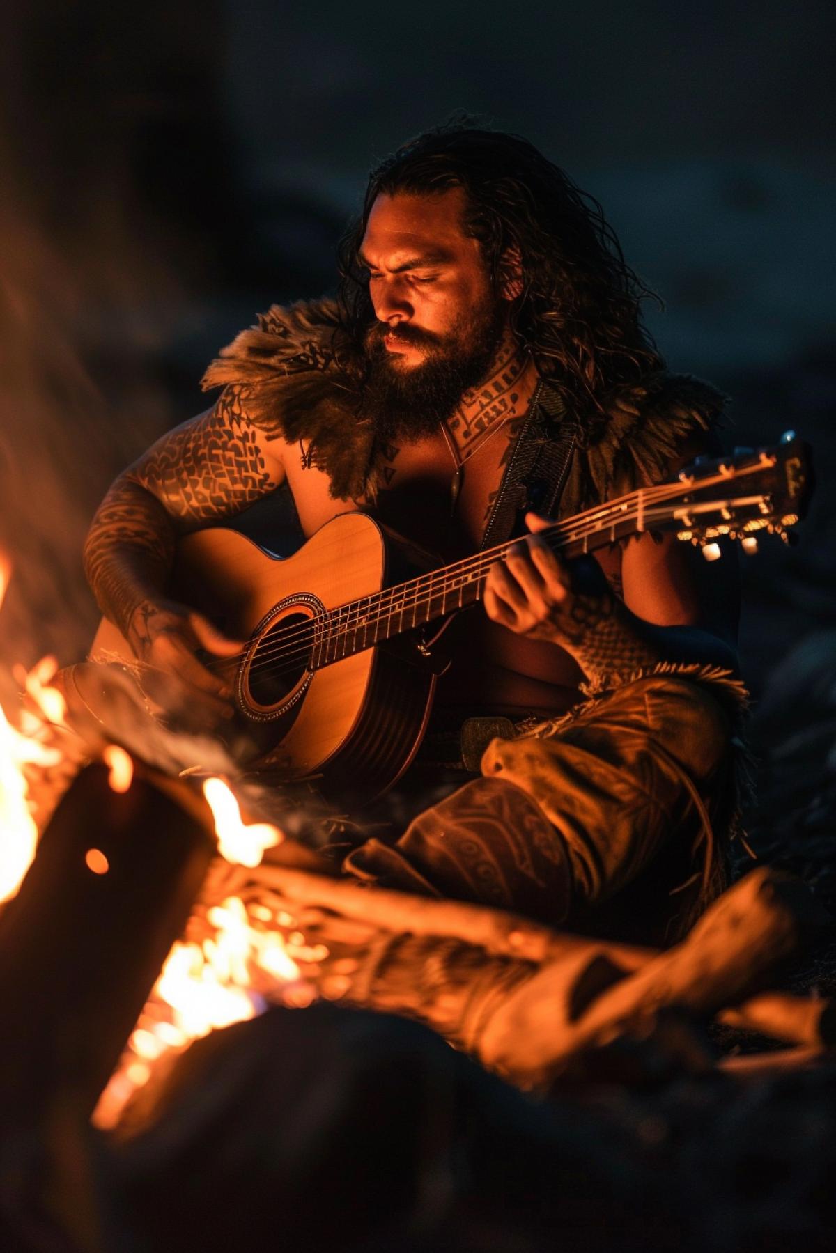 Jason Momoa as Khal Drogo sits by the fire and plays the guitar. Sings a song.