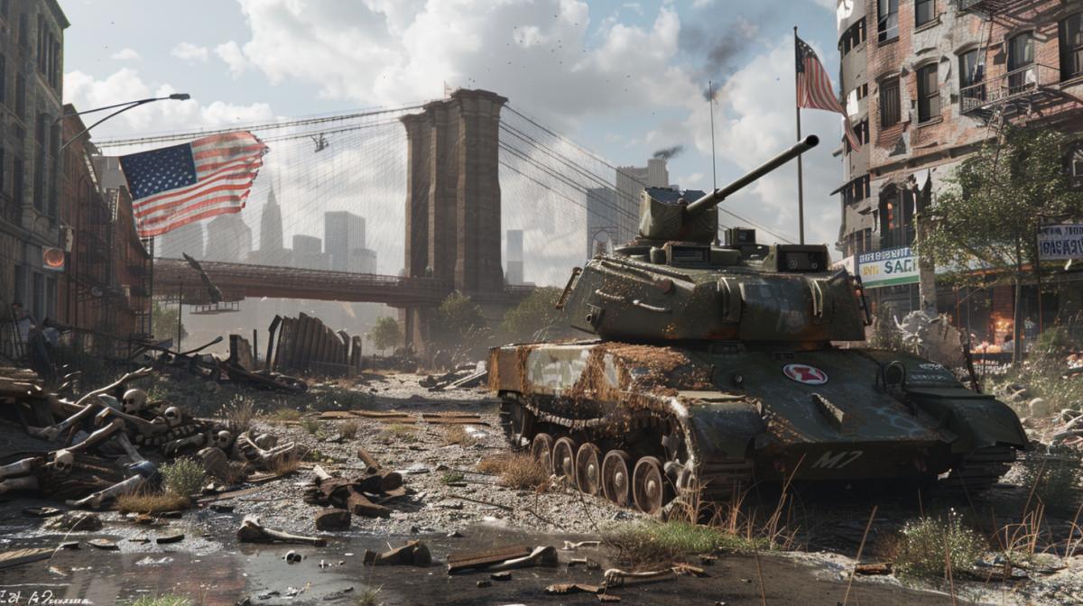 In the foreground is the open hatch of a damaged M2 Bradley with the turret folded on its side, a US flag on a bent antenna, a radiation sign painted on rusty armor, around the charred remains of the crew and infantry in torn protective clothing and gas masks. In the background are the ruins of the city after an atomic explosion with the collapsed Brooklyn Bridge, signs warning of radiation, bones and skulls, a gloomy sky, torn multi-colored clouds are visible. Still from an apocalypse film, maximum details, high quality 4K