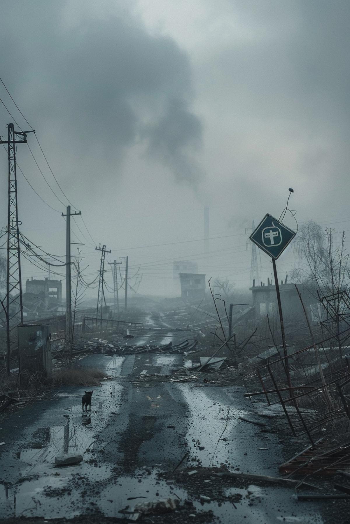 A gloomy city, immersed in fog, where metal structures, pieces of wires, and twisted signs warning about radiation stick out from decaying houses. In the distance you can see destroyed buildings, from which dust and smoke rise. There are gray clouds in the sky, creating a dark, threatening atmosphere. Ahead, the stretched road, covered with radioactive debris and burning, indicates the danger of what lies around the bend. A lonely dog wanders