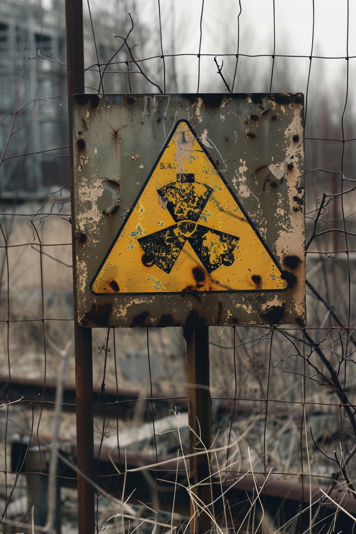 a nuclear sign on a fence with barbed wire, an abandoned city in Chernobyl. A blind fox is coming.