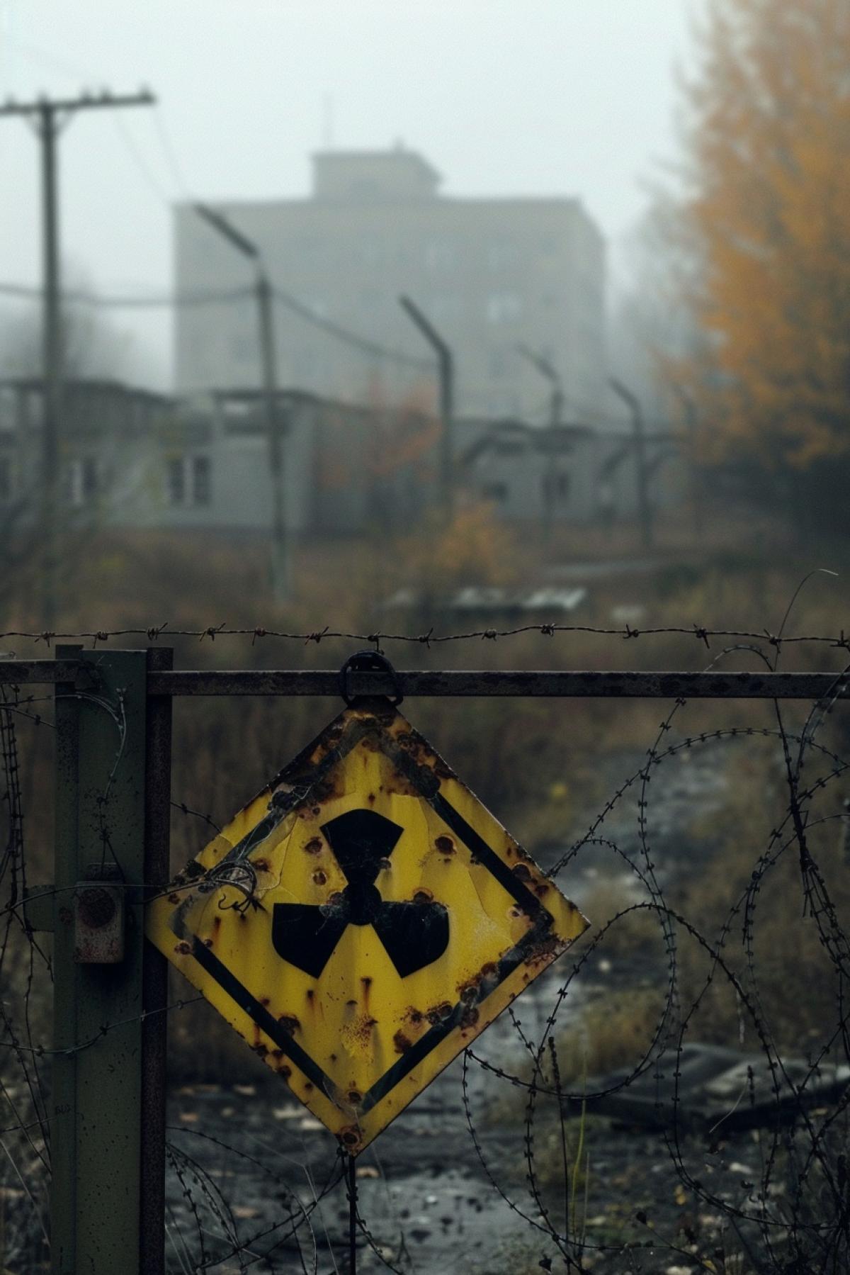 image of a nuclear sign on a fence with barbed wire, an abandoned city behind the fence, fog, day, epic stormy sky