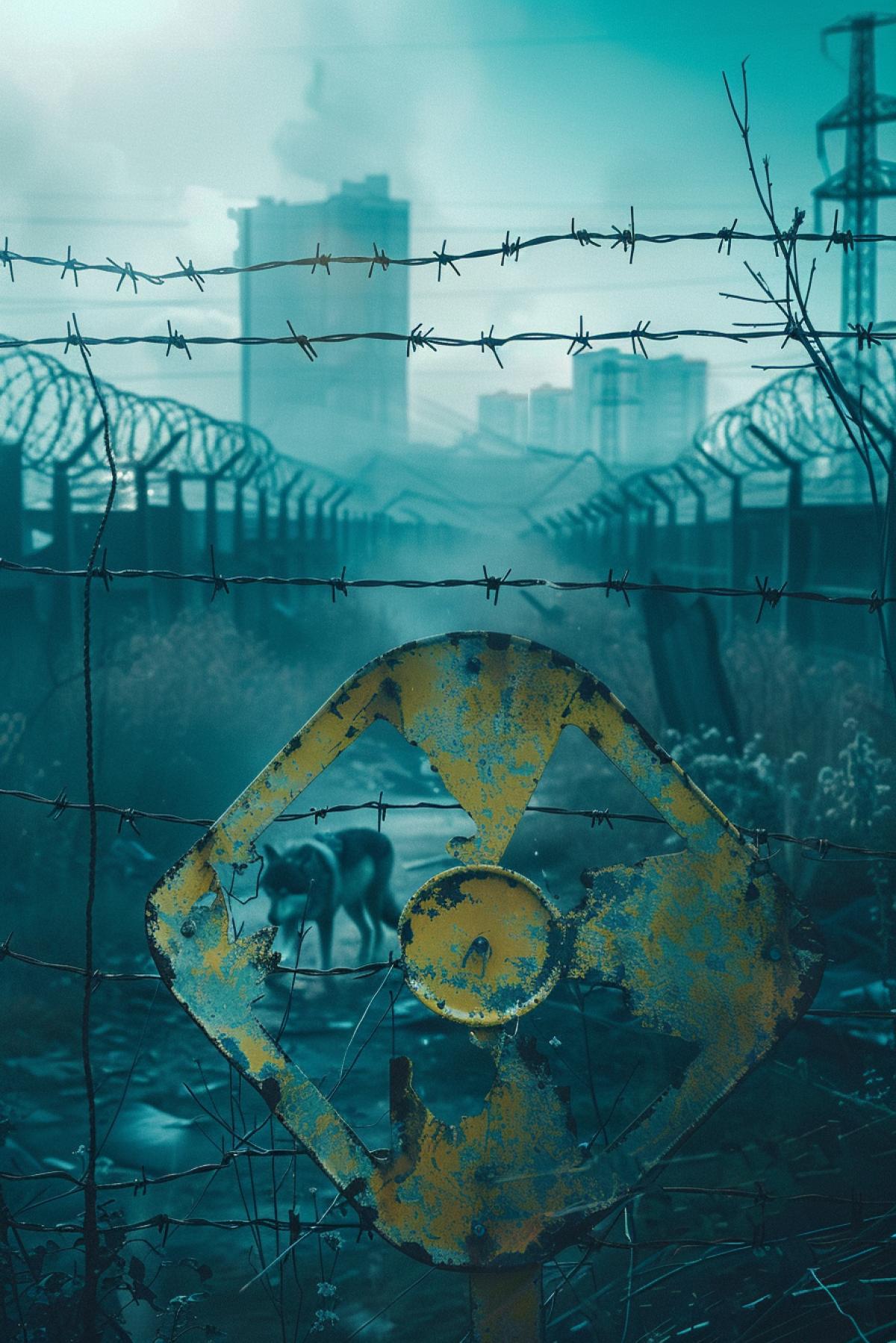 nuclear sign on a fence with barbed wire, behind the fence a pack of wolves walking in a dead city, fog, day, bright blue sky, thriller style, aerial view