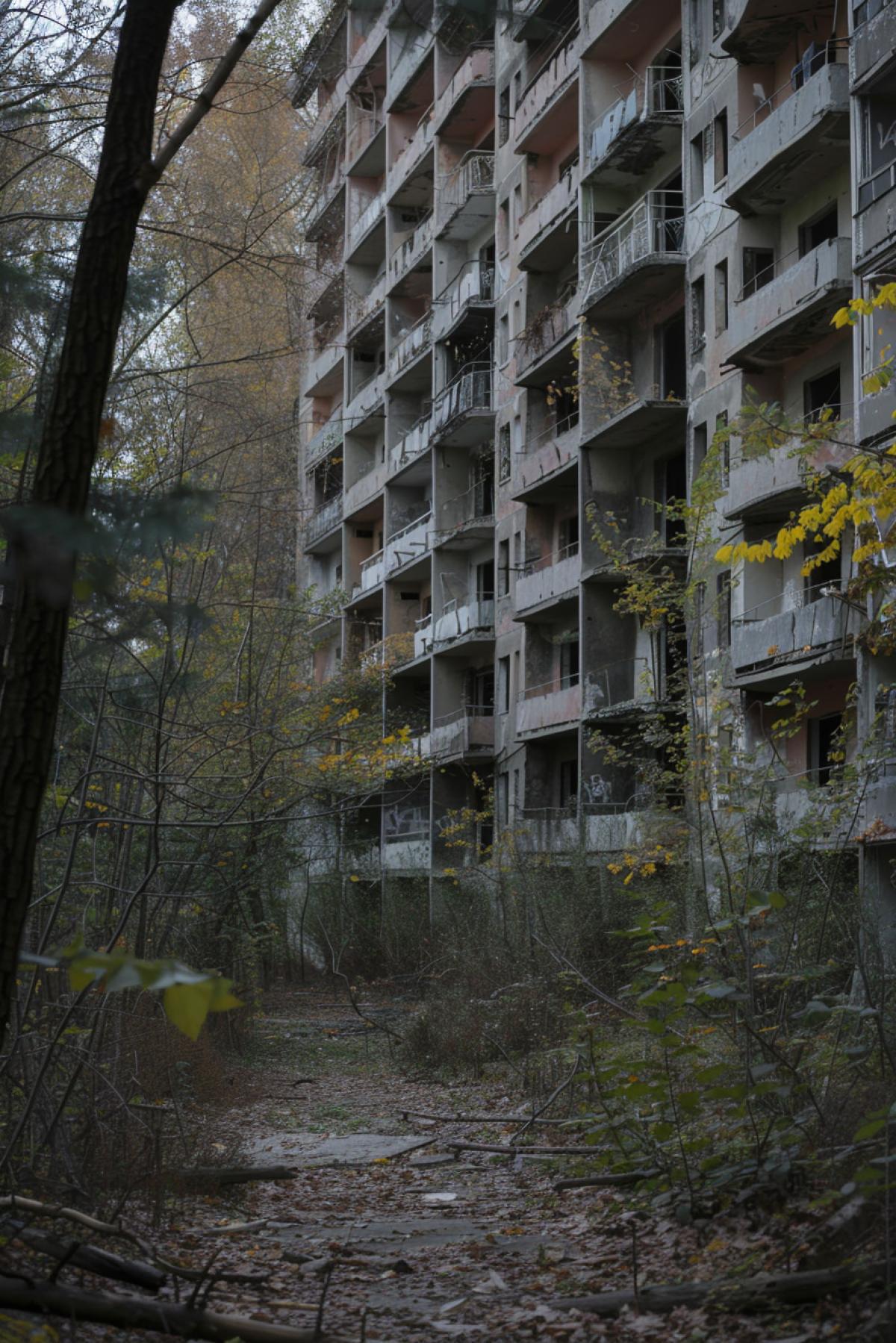 Forgotten city, exclusion zone, The photograph shows abandoned buildings swallowed up by nature, with cracked windows, overgrown trees and empty streets, creating a feeling of oblivion and emptiness.