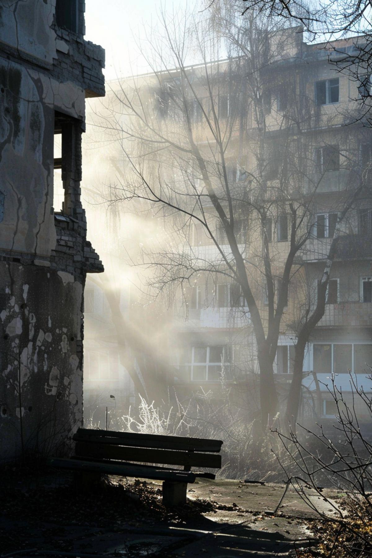 Exclusion zone. Against the background of hazy fog, the outlines of abandoned buildings are visible. Shadows flicker in the fog, creating the impression of ghosts of the past. Reflections in the broken windows add mystery to the scene.