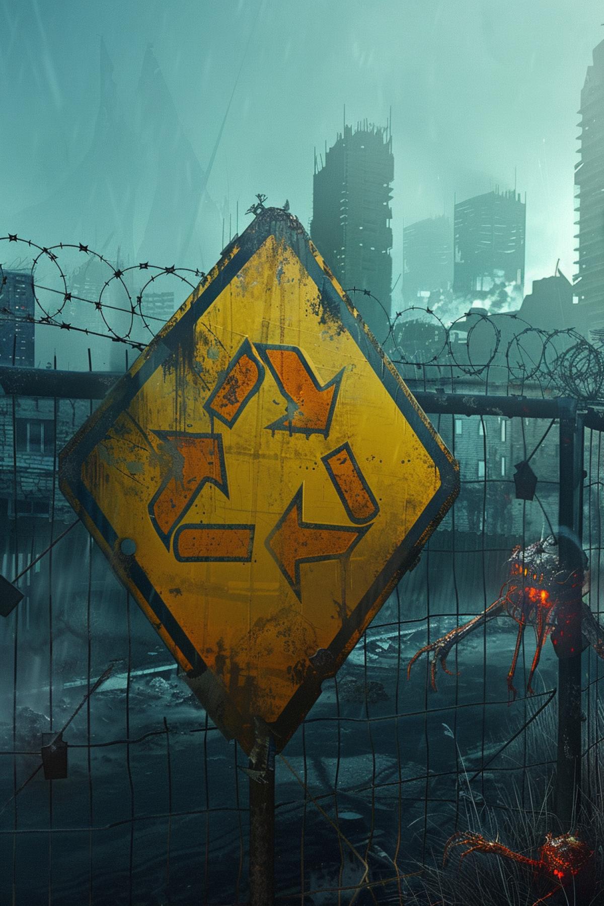a yellow sign with a three-sided bright orange biohazard symbol on a fence with barbed wire, behind it an abandoned city in an ominous fog and zombie wolves with red liquid mouths attacking through the fence. The sky is high and bright blue. in the style of a thriller