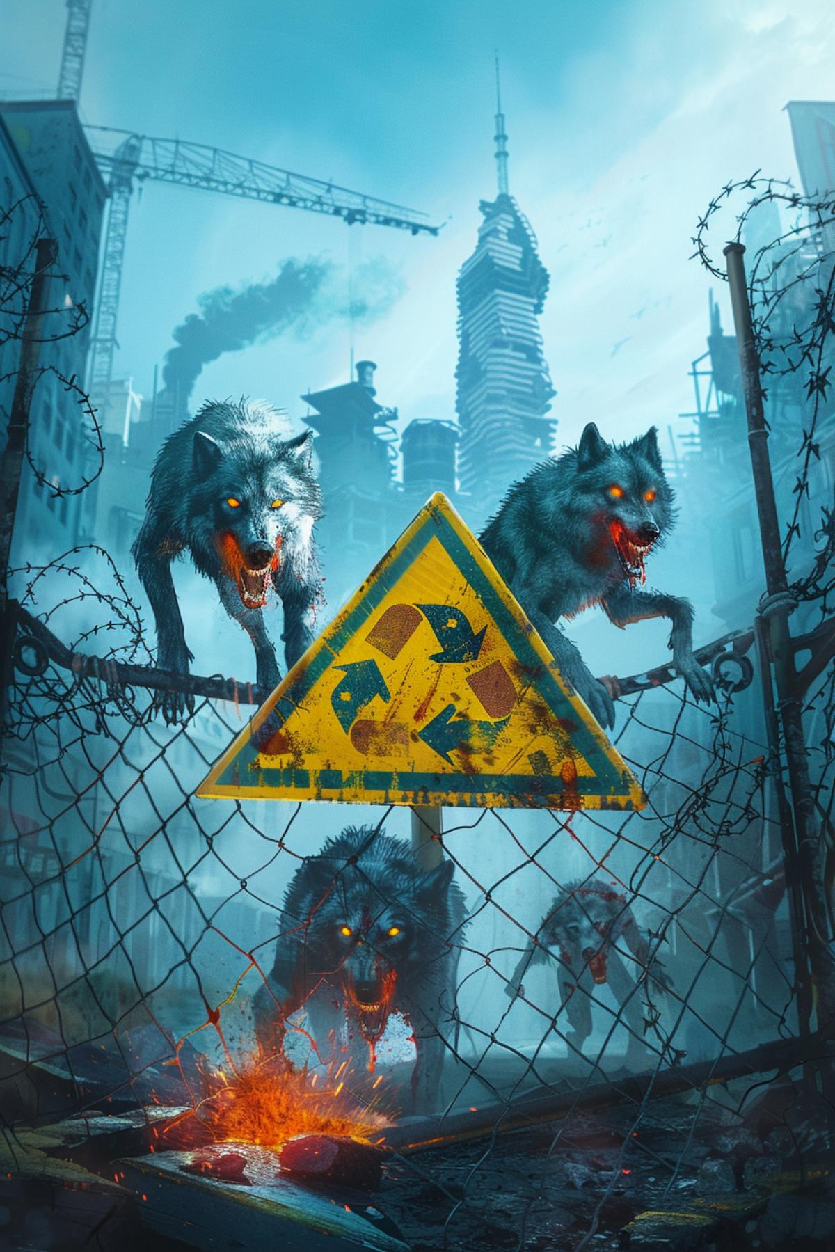 a yellow sign with a three-sided bright orange biohazard symbol on a fence with barbed wire, behind it an abandoned city in an ominous fog and zombie wolves with red liquid mouths attacking through the fence. The sky is high and bright blue. in the style of a thriller