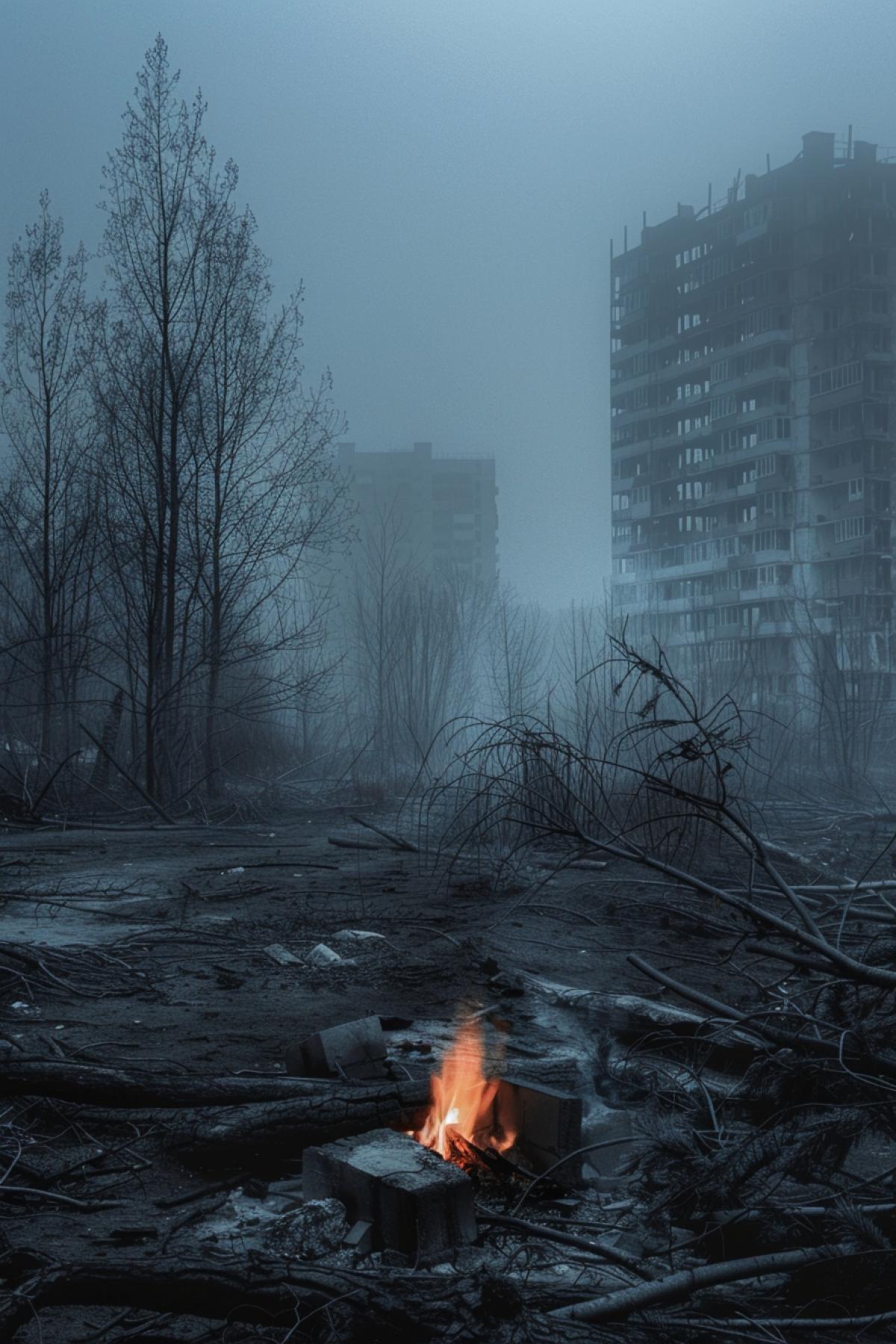 Exclusion Zone. The photograph shows a cityscape lost in dust and devastation. In the distance you can see the outlines of abandoned buildings hidden in the fog. The flickering fire adds mystery and makes the place feel like it comes to life in the dark.
