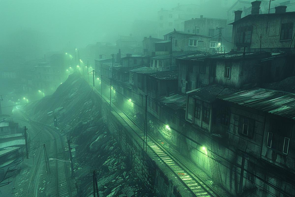 Abandoned city, amusement park, at dusk, illuminated by green radioactive glowing fog, on the street there is a lonely dark beast with glowing green eyes, melancholy, mystical horror