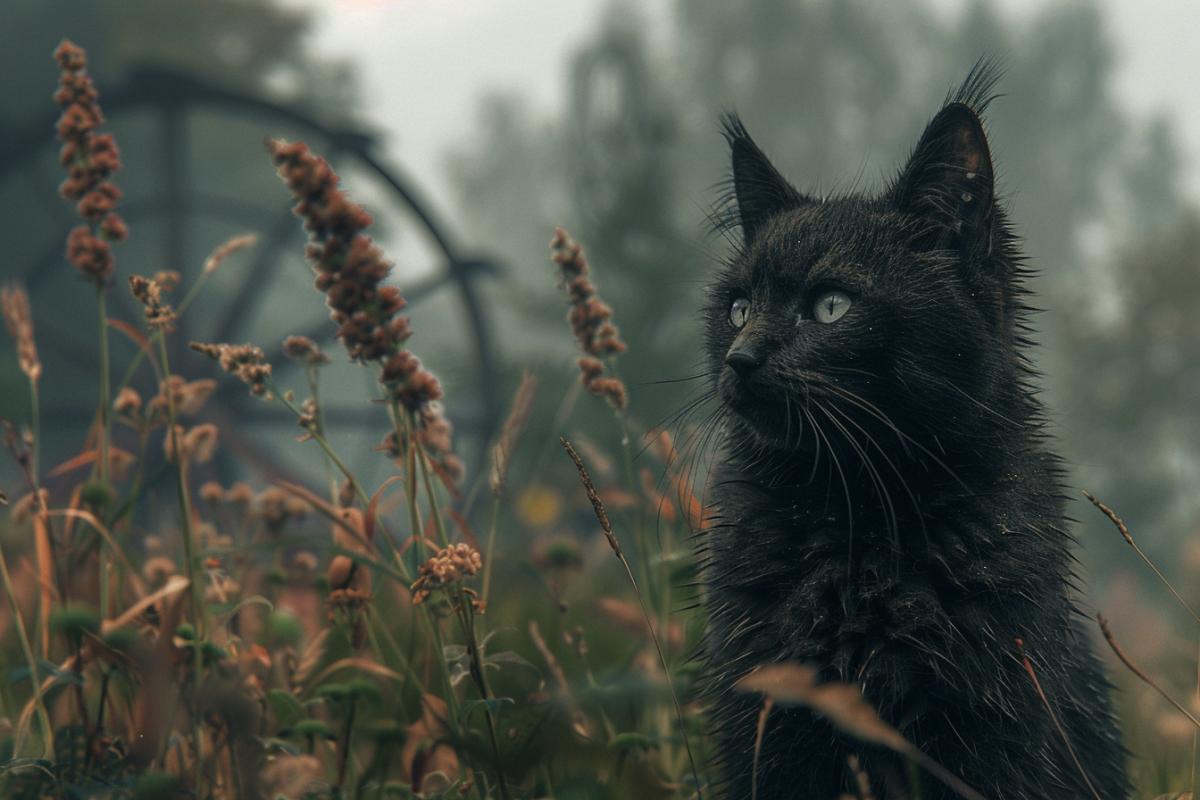 Abandoned city, amusement park, at dusk, illuminated by green radioactive glowing fog, on the street there is a lonely dark beast with glowing green eyes, melancholy, mystical horror