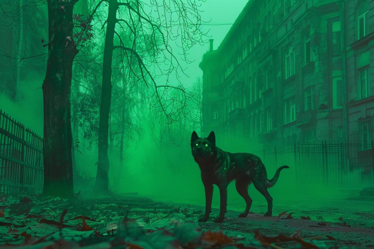 An abandoned city, at dusk, illuminated by green radioactive luminous fog, on the street there is a lonely dark dog with glowing green eyes, melancholy, mystical horror