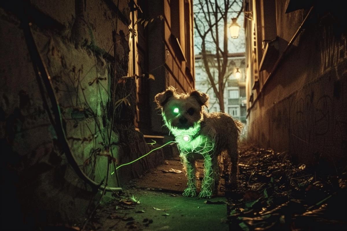 An abandoned city, at dusk, illuminated by green radioactive luminous fog, on the street there is a lonely dark dog with glowing green eyes, melancholy, mystical horror